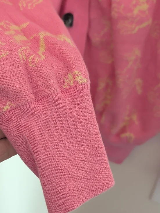 Pink Patterned With Yellow Cowgirls V-Neck Cardigan Sweater - Picture 5 of 6